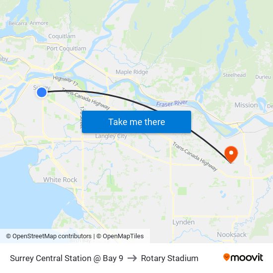 Surrey Central Station @ Bay 9 to Rotary Stadium map