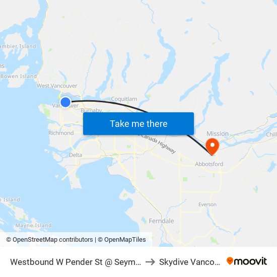 Westbound W Pender St @ Seymour St to Skydive Vancouver map