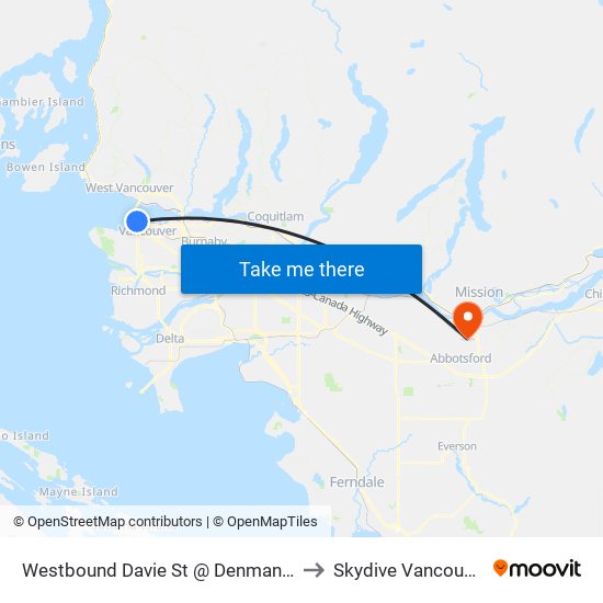 Westbound Davie St @ Denman St to Skydive Vancouver map