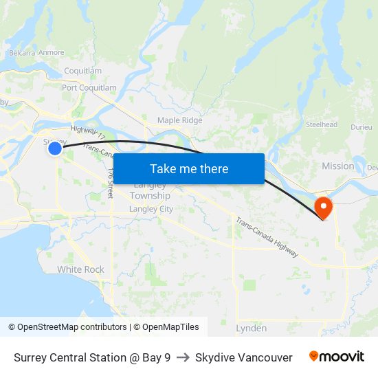 Surrey Central Station @ Bay 9 to Skydive Vancouver map