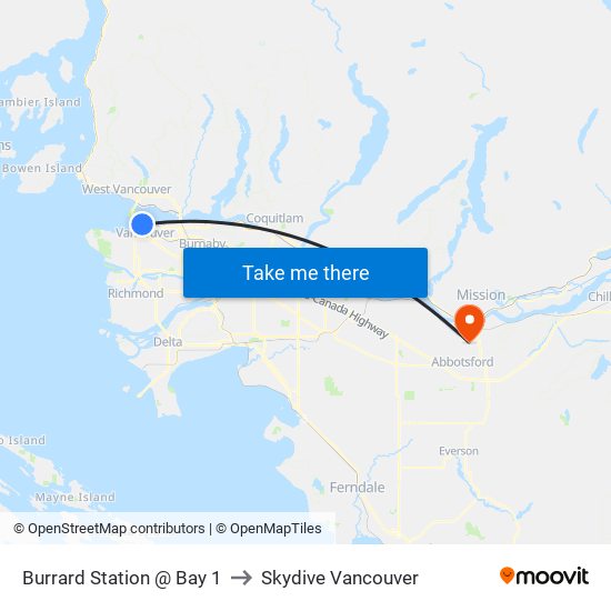 Burrard Station @ Bay 1 to Skydive Vancouver map