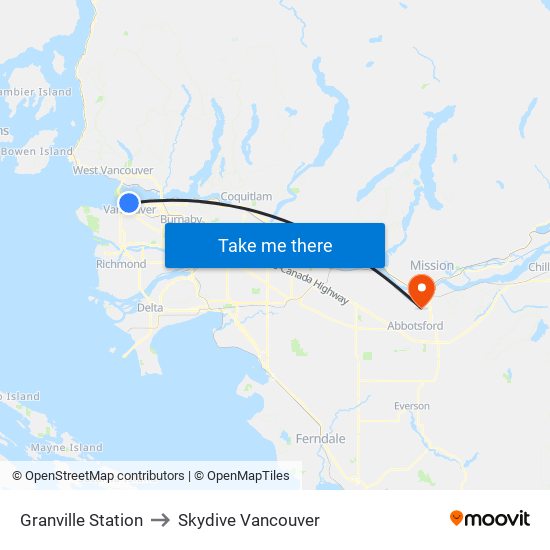 Granville Station to Skydive Vancouver map