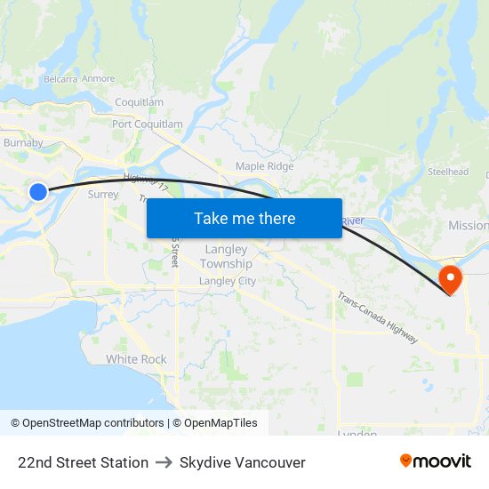 22nd Street Station to Skydive Vancouver map