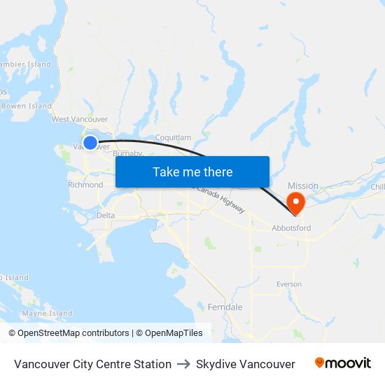 Vancouver City Centre Station to Skydive Vancouver map