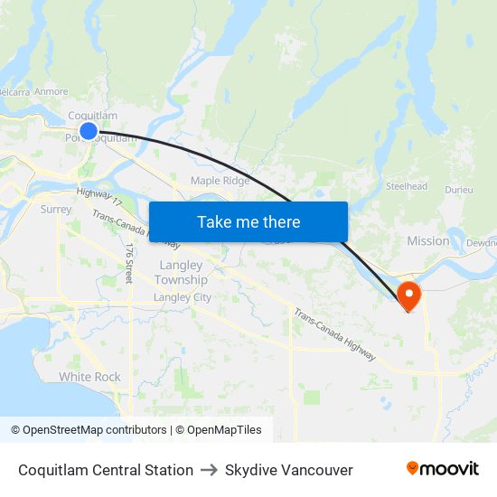 Coquitlam Central Station to Skydive Vancouver map