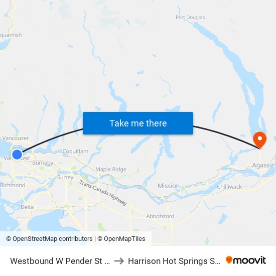 Westbound W Pender St @ Seymour St to Harrison Hot Springs Seaplane Base map