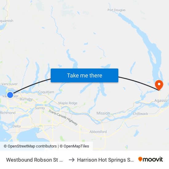 Westbound Robson St @ Hamilton St to Harrison Hot Springs Seaplane Base map