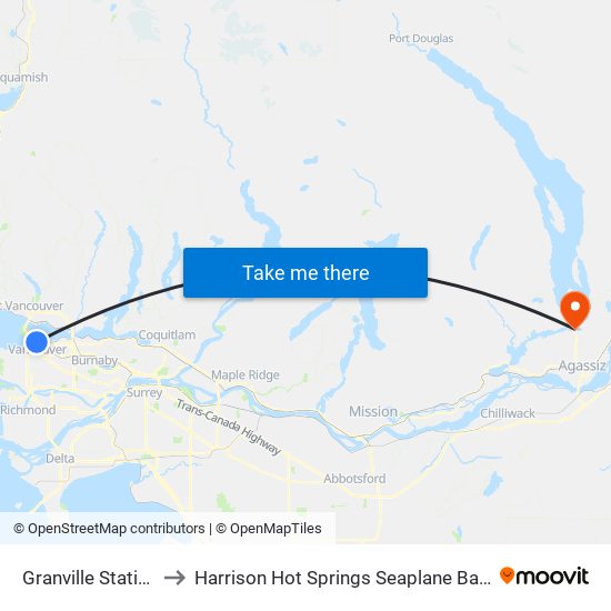 Granville Station to Harrison Hot Springs Seaplane Base map