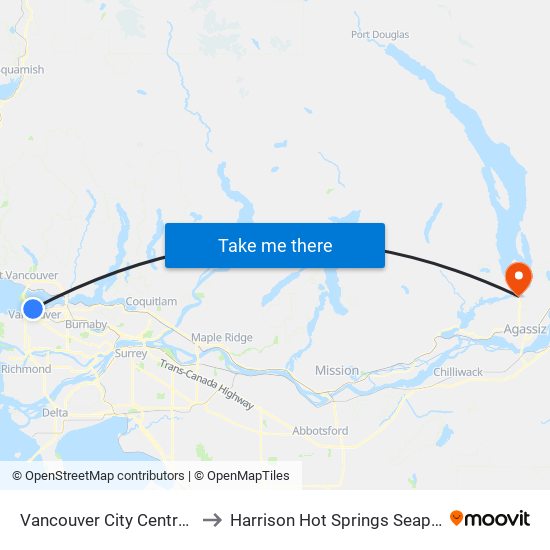 Vancouver City Centre Station to Harrison Hot Springs Seaplane Base map