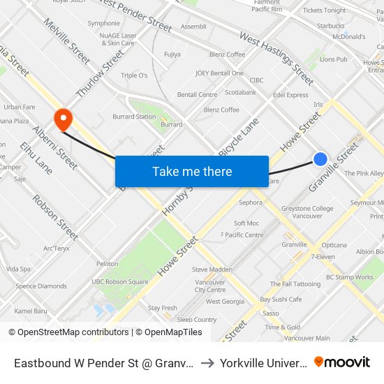 Eastbound W Pender St @ Granville St to Yorkville University map