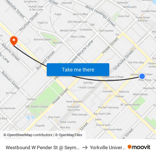 Westbound W Pender St @ Seymour St to Yorkville University map