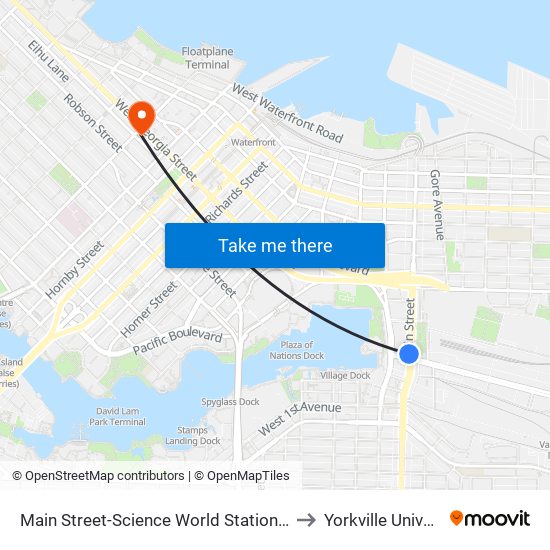 Main Street-Science World Station @ Bay 1 to Yorkville University map