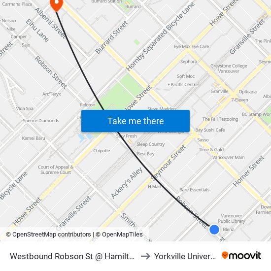 Westbound Robson St @ Hamilton St to Yorkville University map
