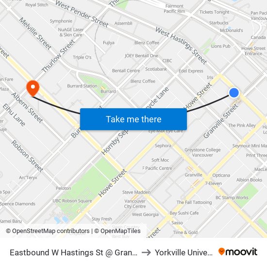 Eastbound W Hastings St @ Granville St to Yorkville University map