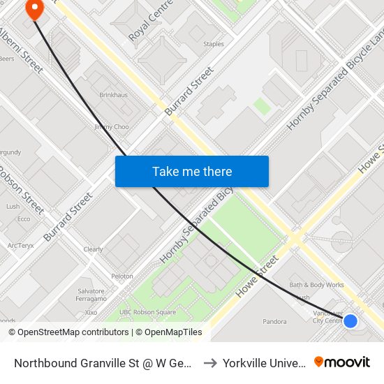 Northbound Granville St @ W Georgia St to Yorkville University map