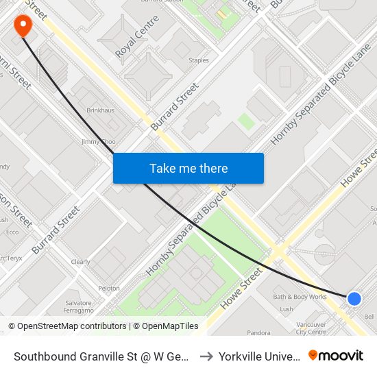 Southbound Granville St @ W Georgia St to Yorkville University map
