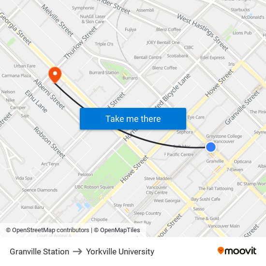 Granville Station to Yorkville University map