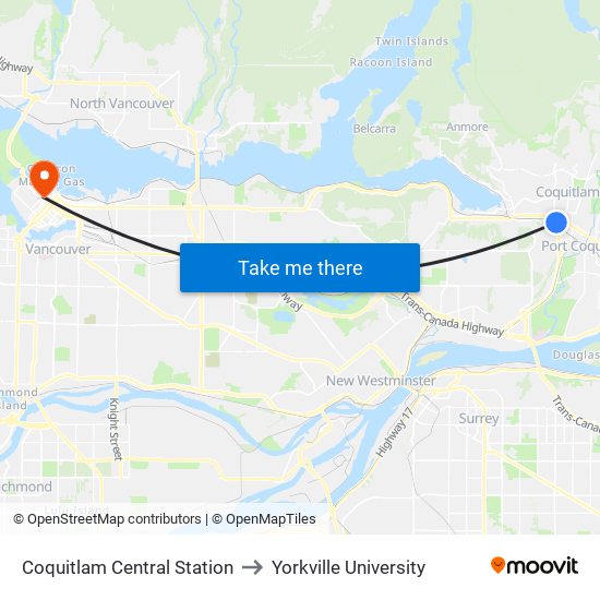 Coquitlam Central Station to Yorkville University map