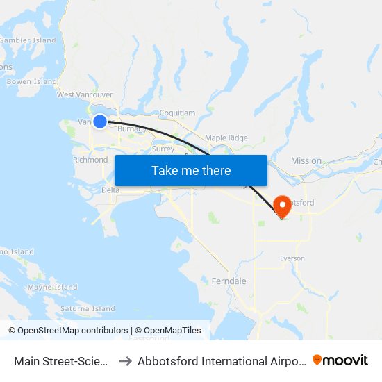 Main Street-Science World Station @ Bay 1 to Abbotsford International Airport (YXX) (Abbotsford International Airport) map