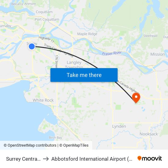 Surrey Central Station @ Bay 4 to Abbotsford International Airport (YXX) (Abbotsford International Airport) map