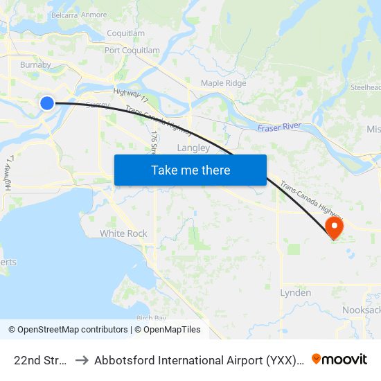 22nd Street Station to Abbotsford International Airport (YXX) (Abbotsford International Airport) map