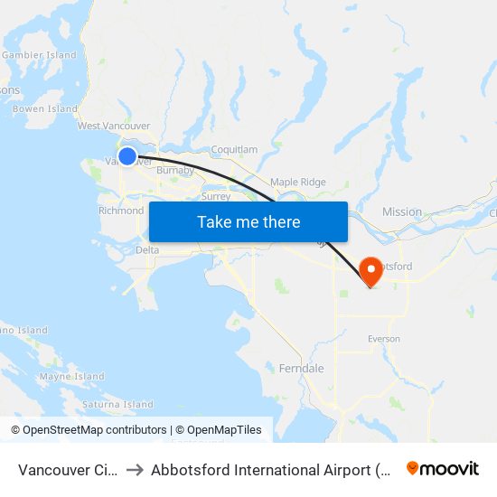 Vancouver City Centre Station to Abbotsford International Airport (YXX) (Abbotsford International Airport) map