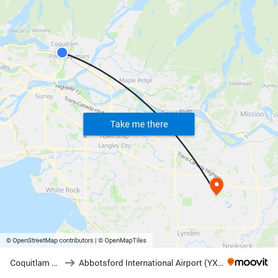 Coquitlam Central Station to Abbotsford International Airport (YXX) (Abbotsford International Airport) map