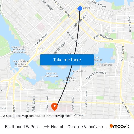 Eastbound W Pender St @ Granville St to Hospital Geral de Vancôver (Vancouver General Hospital) map