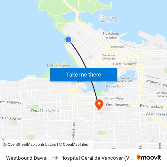 Westbound Davie St @ Denman St to Hospital Geral de Vancôver (Vancouver General Hospital) map
