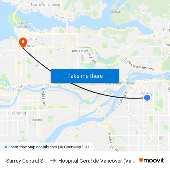 Surrey Central Station @ Bay 9 to Hospital Geral de Vancôver (Vancouver General Hospital) map