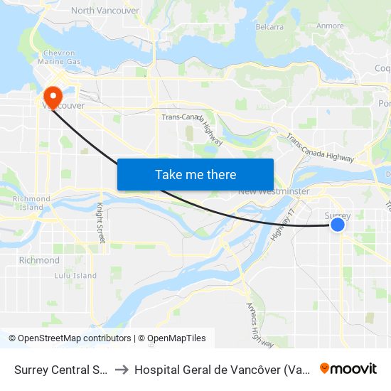 Surrey Central Station @ Bay 4 to Hospital Geral de Vancôver (Vancouver General Hospital) map