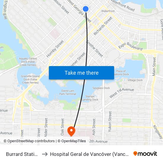 Burrard Station @ Bay 1 to Hospital Geral de Vancôver (Vancouver General Hospital) map