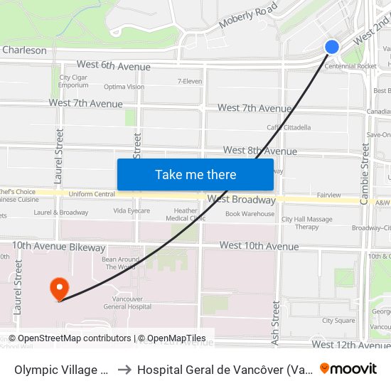 Olympic Village Station @ Bay 1 to Hospital Geral de Vancôver (Vancouver General Hospital) map