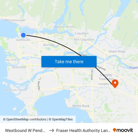 Westbound W Pender St @ Seymour St to Fraser Health Authority Langley Memorial Hospital map