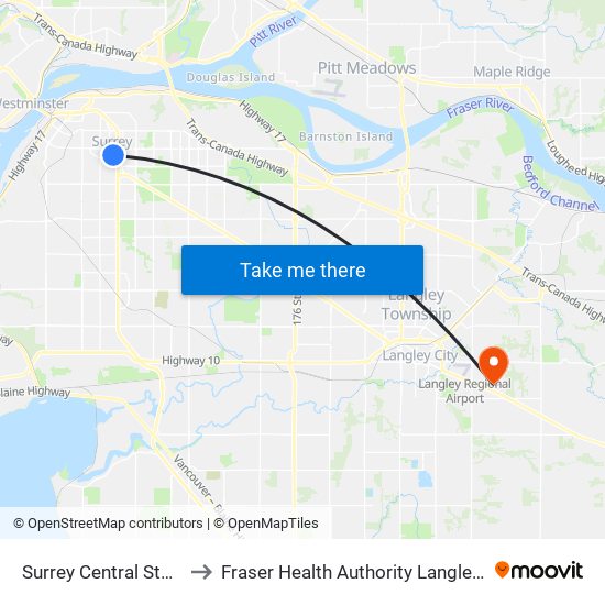 Surrey Central Station @ Bay 8 to Fraser Health Authority Langley Memorial Hospital map