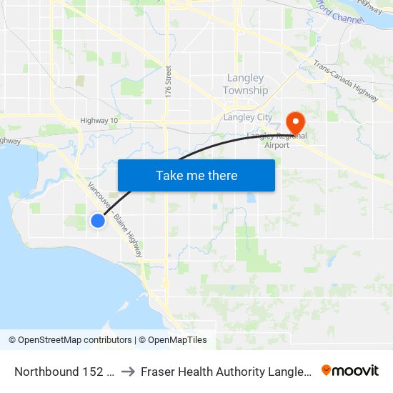 Northbound 152 St @ 22 Ave to Fraser Health Authority Langley Memorial Hospital map