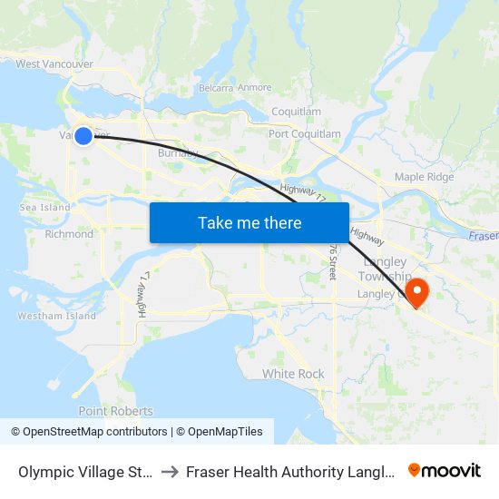 Olympic Village Station @ Bay 1 to Fraser Health Authority Langley Memorial Hospital map