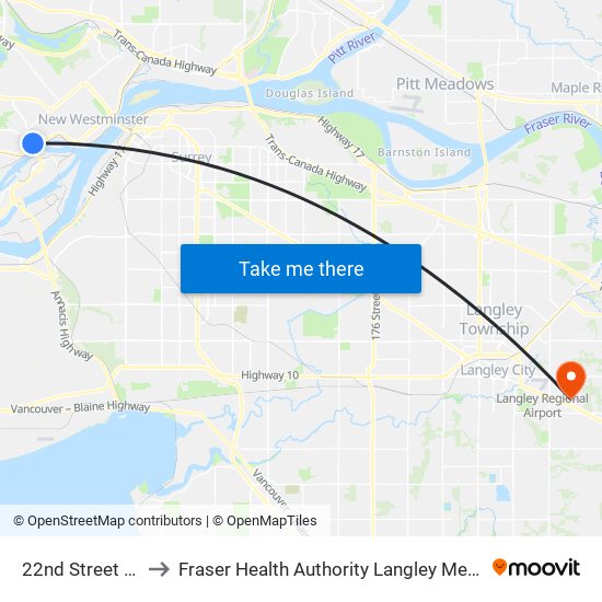 22nd Street Station to Fraser Health Authority Langley Memorial Hospital map