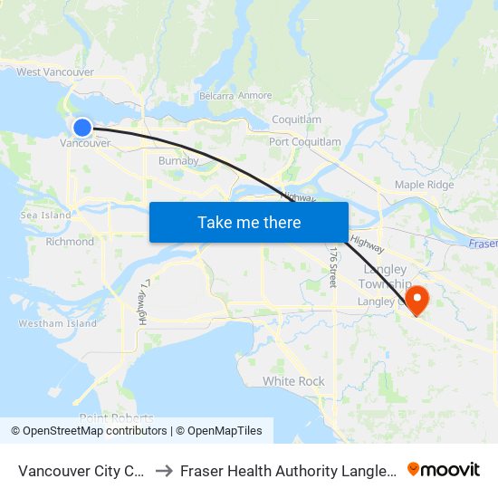 Vancouver City Centre Station to Fraser Health Authority Langley Memorial Hospital map