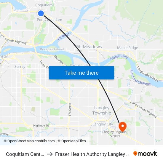 Coquitlam Central Station to Fraser Health Authority Langley Memorial Hospital map