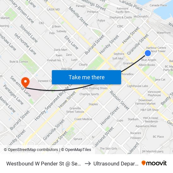 Westbound W Pender St @ Seymour St to Ultrasound Department map
