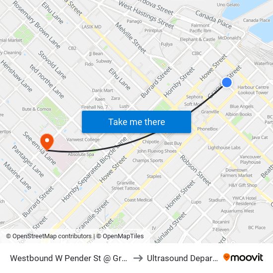 Westbound W Pender St @ Granville St to Ultrasound Department map