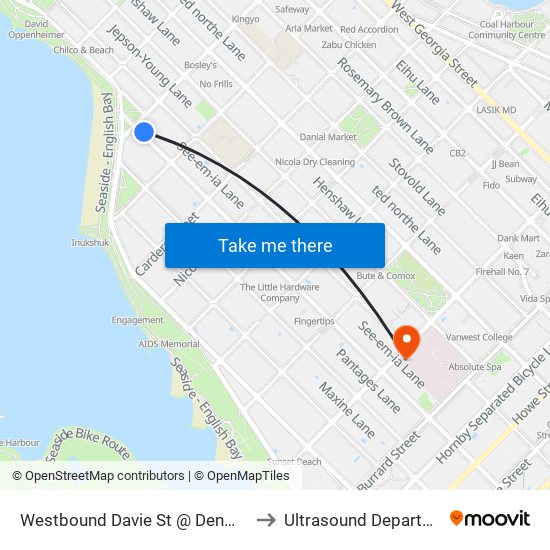 Westbound Davie St @ Denman St to Ultrasound Department map