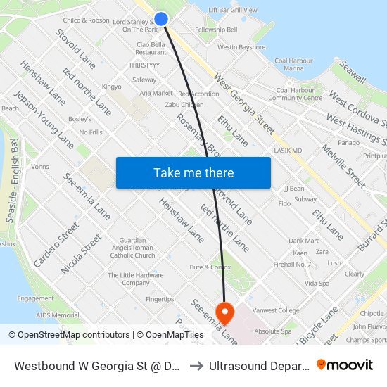 Westbound W Georgia St @ Denman St to Ultrasound Department map