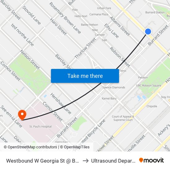 Westbound W Georgia St @ Burrard St to Ultrasound Department map