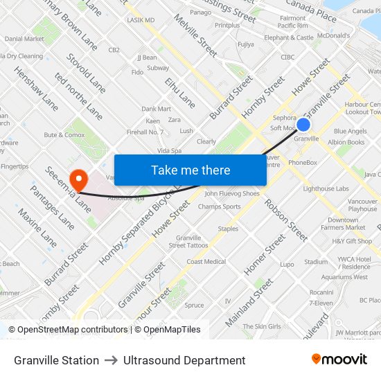 Granville Station to Ultrasound Department map