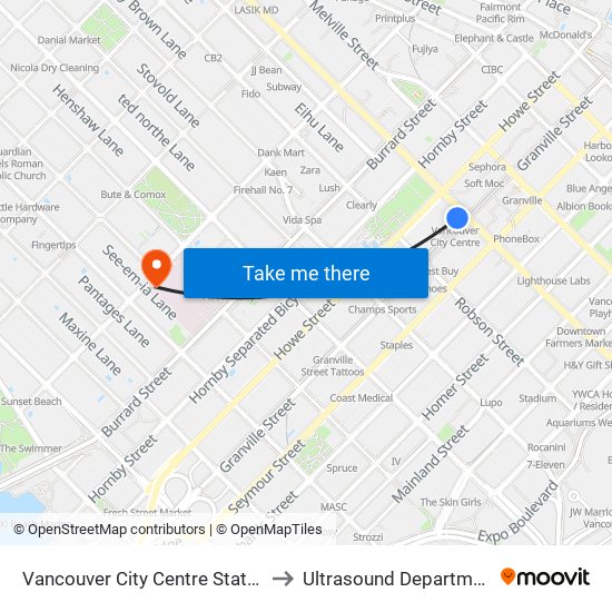 Vancouver City Centre Station to Ultrasound Department map