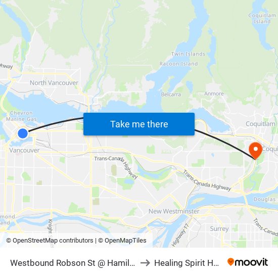 Westbound Robson St @ Hamilton St to Healing Spirit House map