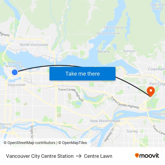 Vancouver City Centre Station to Centre Lawn map