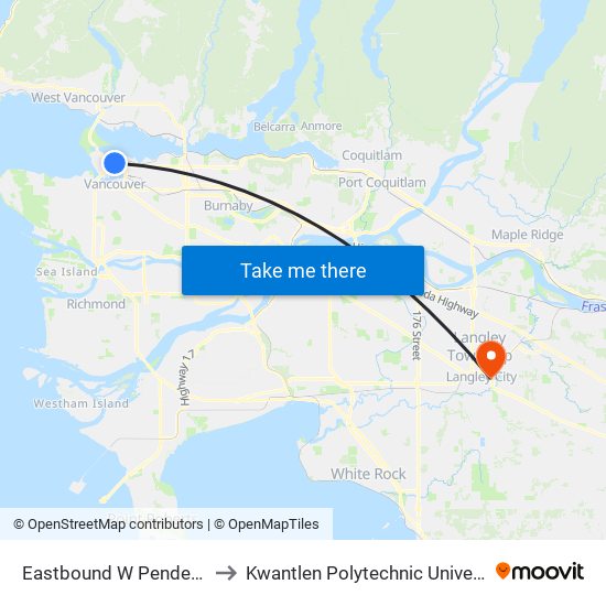 Eastbound W Pender St @ Seymour St to Kwantlen Polytechnic University - Langley Campus map